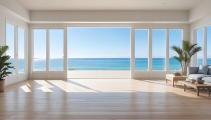 Fototapeta premium Beautiful home interior space with black living room wooden floor with ocean seaside blue sky sea sand beach summer freshness travel season window. Generative AI