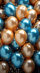 a bunch of blue and gold balloons with a blue one that says christmas.