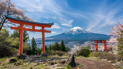 Naklejka premium Majestic Mount Fuji Shrouded in Spring Cherry Blossoms with Iconic Torii Gate and High Speed Train