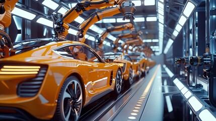 Robotic Arms Assemble Sports Cars on Automated Production Line in Modern Factory