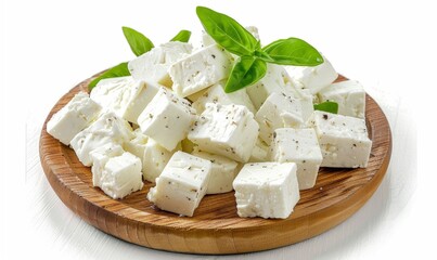 Rustic wooden plate decorated with crumbled feta cheese.