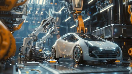 Fototapeta premium Robotic Arms Assemble Futuristic Car on High-Tech Assembly Line, Showcasing Innovation in Automotive Manufacturing