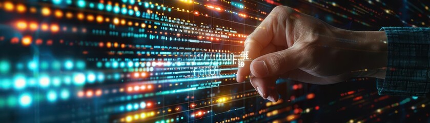 Fototapeta premium Hand interacting with data visualization on futuristic digital screen, representing advanced technology and data analysis concept.