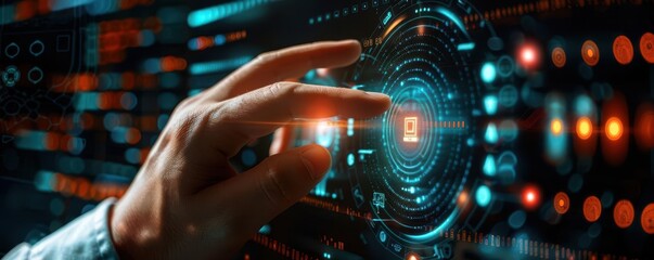 Hand touching futuristic digital interface with glowing circular data visualization, representing technology and innovation.