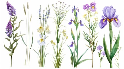 Watercolor Botanical Illustration of Various Flowers