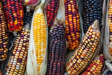 Collection of multicolored heirloom corn cobs showcasing the diverse, organic, and natural variety of maize