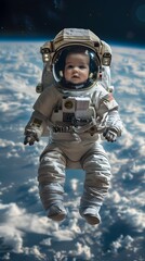 Tiny astronaut in spacesuit floating in weightless space with clear views of celestial cosmos