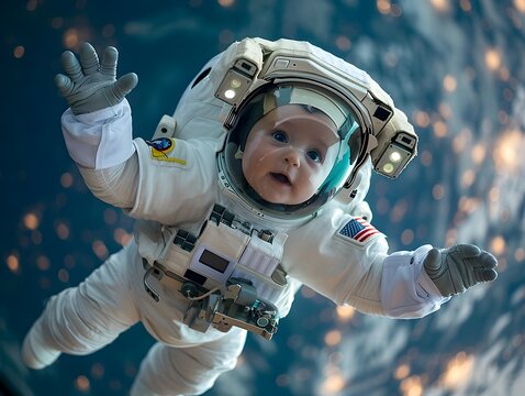 baby astronaut floating in the vastness of outer space