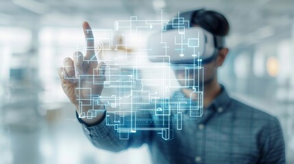 Man wearing VR headset interacting with futuristic holographic interface in modern office setting.