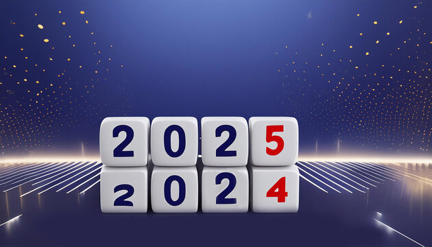 four white blocks transitioning from displaying "2024" to "2025," the number "5" in red, . A deep blue gradient background with golden sparkles adds a festive touch. 