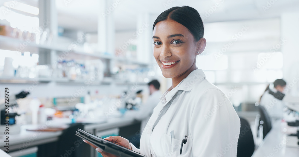 Poster Portrait, science and happy woman in lab with tablet for research, career and job as biologist. Digital technology, scientist and face of medical doctor for pharma study, healthcare or innovation