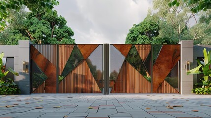 A main gate featuring a bold, angular design with alternating panels of polished wood and metal, creating a striking visual impact.