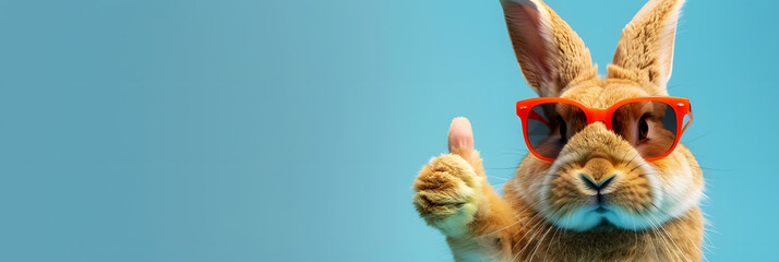Fototapeta premium Funny easter animal pet - Easter bunny rabbit with sunglasses, giving thumb up, isolated on blue background