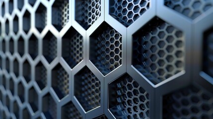 A main gate featuring interlocking hexagonal metal panels with a brushed finish, providing a futuristic look.