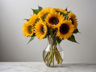 Fototapeta premium Sunflowers in a glass vase placed on a table, white background.