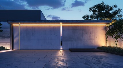 A minimalist main gate with a smooth concrete surface and integrated LED strips for illumination and a modern look.