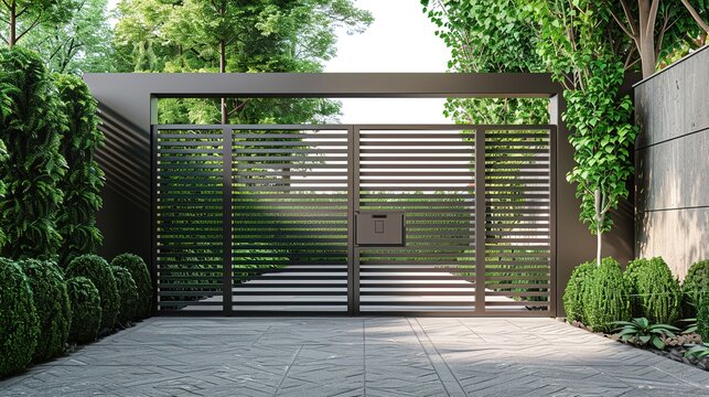 A minimalist main gate with vertical metal slats, a seamless integration with the surrounding fence, and a discrete electronic lock.