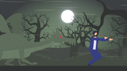 2d animation of a businessman run away from a dragon on night forest background