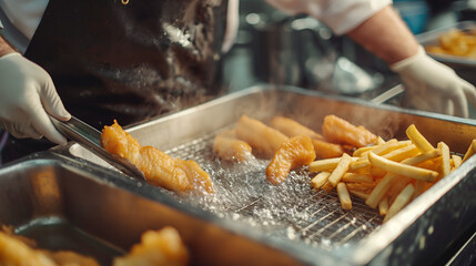 Food Truck Chef Frying Fresh Fish and Chips, Capturing the Preparation Process and Quality Ingredients