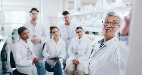 Presentation, research and group of scientists in laboratory with mentor for bio medical...