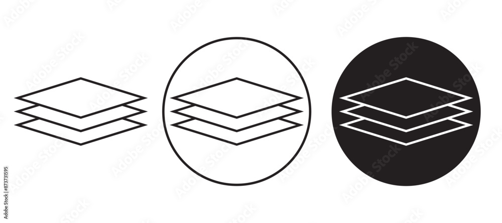 Poster layer icon, three layer line icon set, floor level and paper stack vector symbol in black color. lay