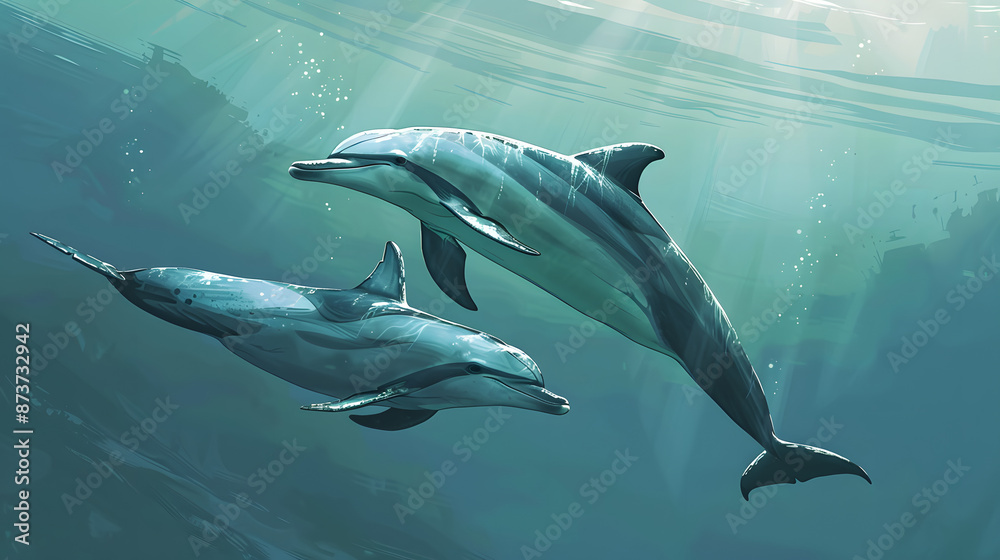 Sticker simple but realistic colorful illustration of two dolphins swimming underwater