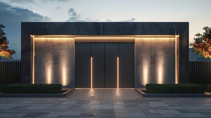 A modern main gate with a solid concrete base, topped with sleek metal railings and integrated LED strip lighting for a dramatic entrance.