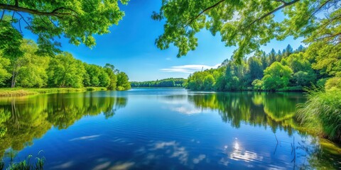 A serene nature background with a clear blue sky, lush green trees, and a sparkling lake, nature, background, serene, clear sky