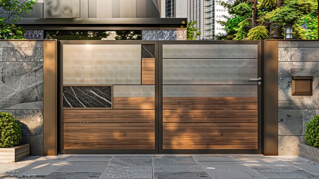 A stylish main gate with a mix of brushed stainless steel and wood, designed with horizontal lines and a subtle, built-in handle.