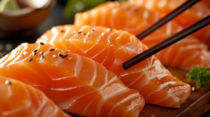 Using black chopsticks to pick up a piece of salmon sashimi