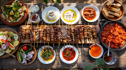 Open-Air Celebration: Scenic Picnic Table with Tasty Shashlik, Fresh Sauces, and Vibrant Veggie Sides, Perfect for a Summer Gathering