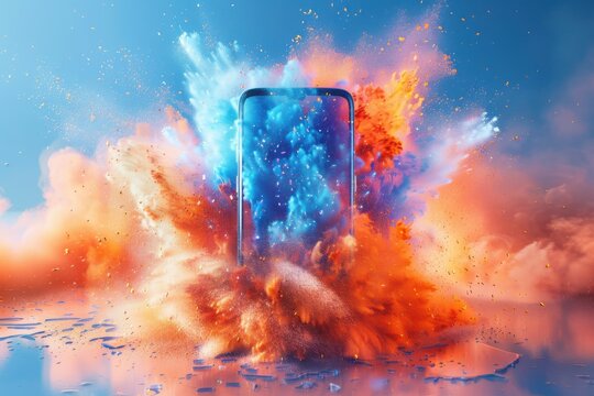 A cell phone is surrounded by a cloud of orange and blue smoke
