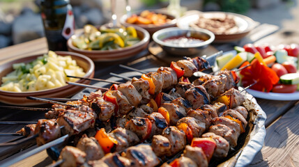 Outdoor Picnic Delight: Rustic Table Set with Succulent Grilled Shashlik, Zesty Sauces, and Fresh Vegetable Sides, Ideal for an Open-air Banquet
