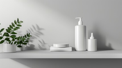 Lotion cream cosmetic bottle mockup on a minimalist modern shelf, isolated background, studio lighting, healthcare focus