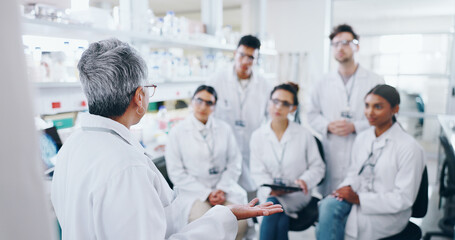 Meeting, research and team of scientists in laboratory with mentor for bio medical internship....