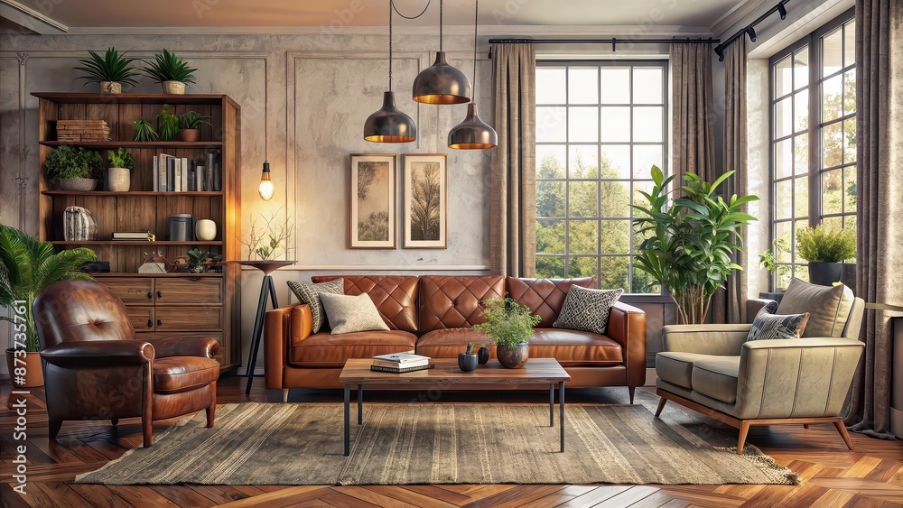 Wall mural Cozy living room with vintage vibes , cozy, living room, vintage, retro, comfort, classic, warm, retreat, home, interior, design