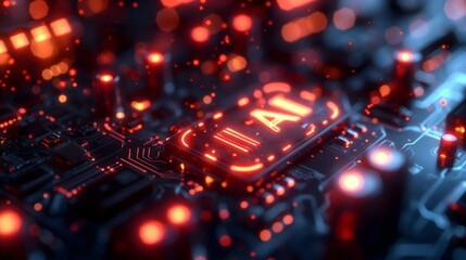 A computer chip with a red dot in the middle. The chip is surrounded by a lot of small dots. AI generated.