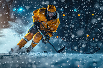 A hockey player in a yellow jersey is skating on a snowy field