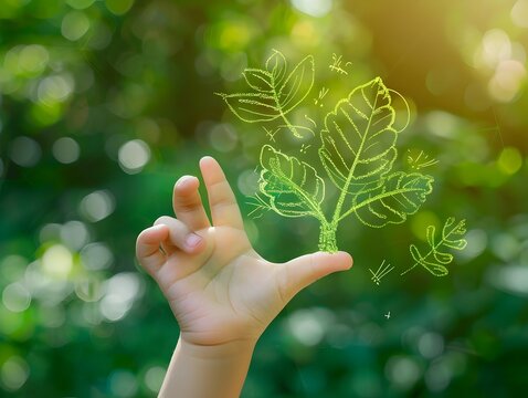 Child s Hand Drawing Sustainability Ecology Concept for World Environment Day
