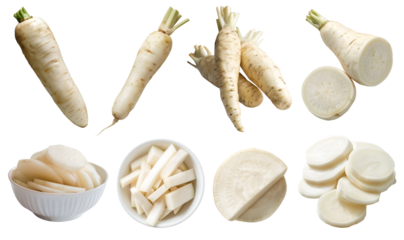 Daikon white chinese radish root vegetable, many angles and view side top front plate pile slice isolated on transparent background cutout, PNG file. Mockup template for artwork graphic design	
