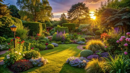 Lush garden bathed in the soft light of evening , tranquil, serene, nature, outdoor, dusk, foliage, plants, greenery, peaceful