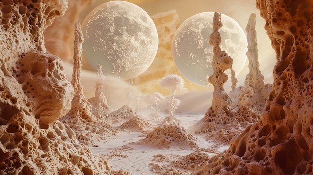 Enigmatic clay alien landscape, otherworldly flora and fauna, under twin alien moons