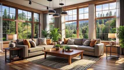Fototapeta premium Interior of a cozy living room with comfortable furniture and large windows, home decor, comfortable, stylish