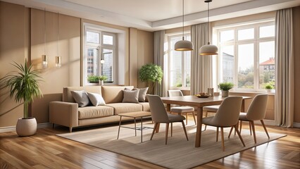 Fototapeta premium Beige living room interior with dining table, cozy seating area, and large window , beige, home, living room
