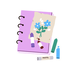 Drawing on paper, sketchbook and art tools. Pastel sticks, pencils, notebook, notepad. Flower painting and artisitc accessories, top view. Flat vector illustration isolated on white background
