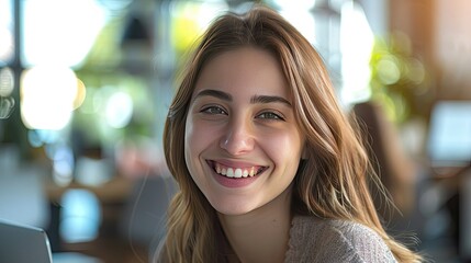 Friendly and Approachable Corporate Employee Smiling in Modern Office Setting