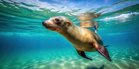 Obraz premium Sea lion swimming gracefully in the crystal clear waters of the ocean, sea lion, swimming, underwater, marine life, animal