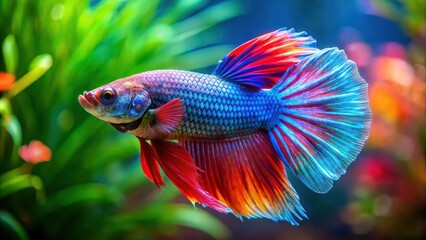 Obraz premium Colorful beta fish swimming in an aquarium, with a crossfading effect , aquarium, beta fish, swimming, colorful, vibrant, aquatic