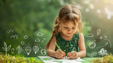 Young Child Drawing Sustainable Ecology Concepts on Paper