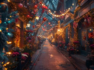 City Street Illuminated with Christmas Lights and Festive Decorations